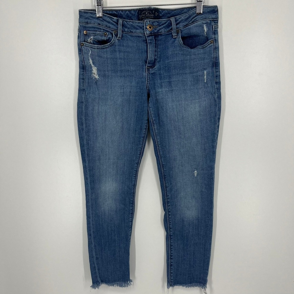 Lucky Brand Lolita Skinny Jeans Womens 8/29 Medium Wash Distressed Raw Hem Denim